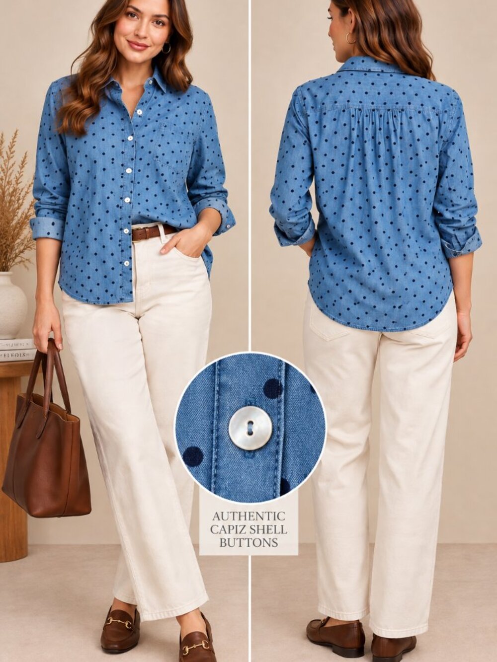 J.Jill Denim Blue Embroidered Polka Dot Chambray Shirt Size M